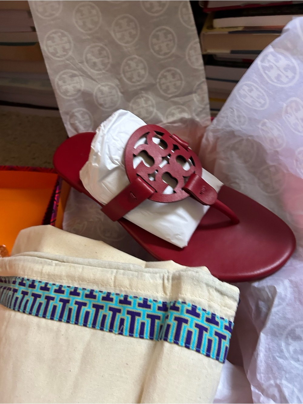 Tory Burch Red Miller Leather Logo Thong Sandal - Scarlet